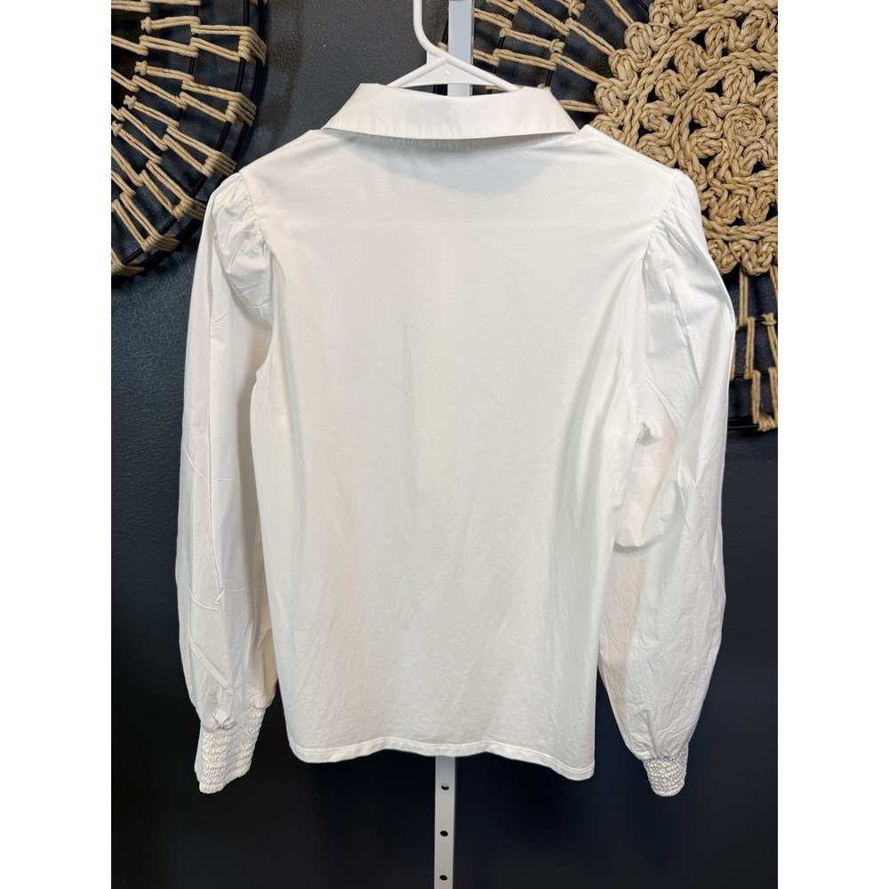 EVEREVE Nelly Mixed Media Top White Long Sleeve Classic half front button Sz M - Picture 7 of 11
